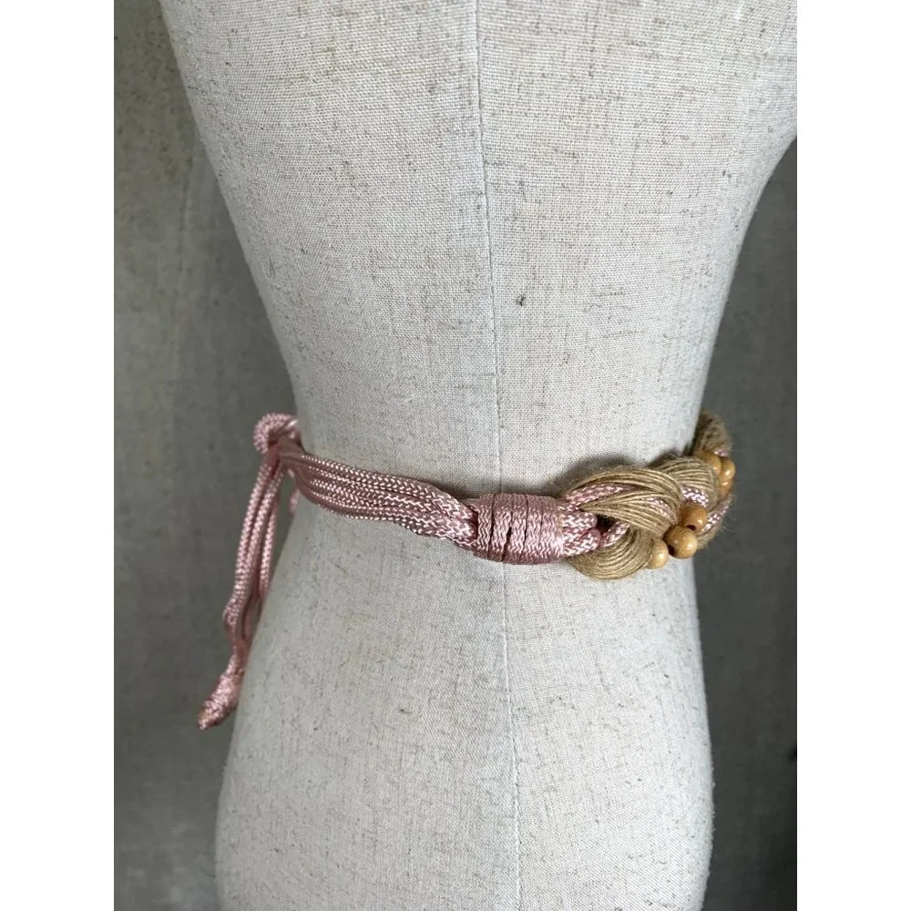 Vintage Statement Braided Beaded‎ Belt Womens Tan Pink Tie Waist 80s 90s Boho